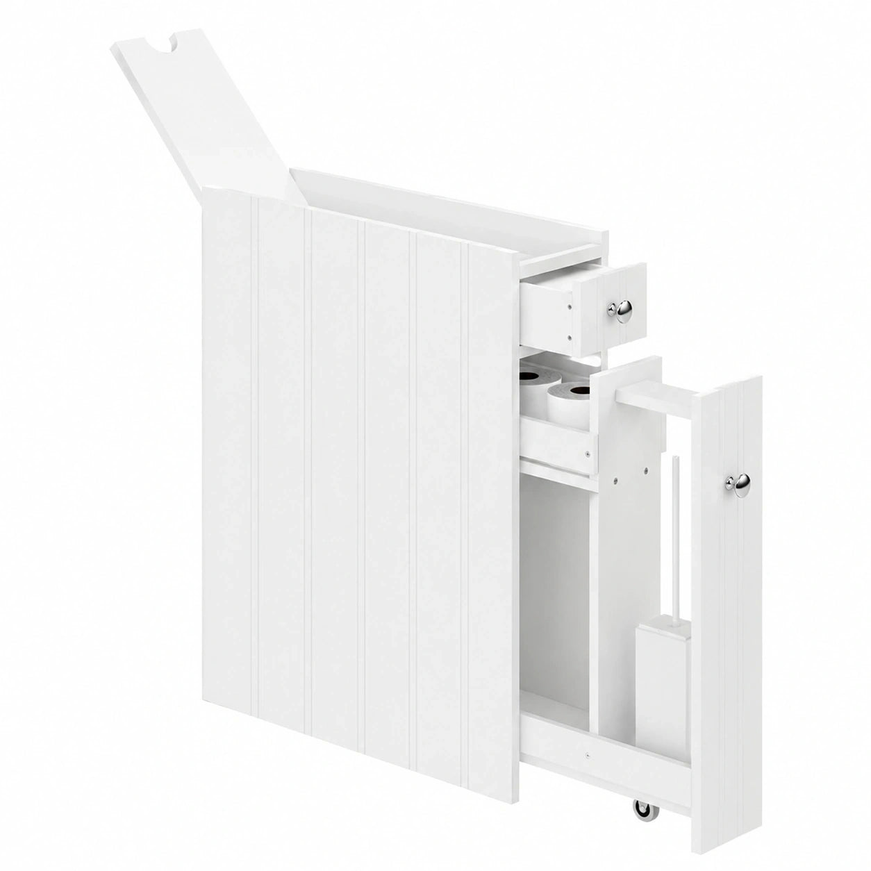 Schmaler Badschrank mit Rollen, 2 Etagen, 14 cm Breite, weiß, ideal für kleine Räume