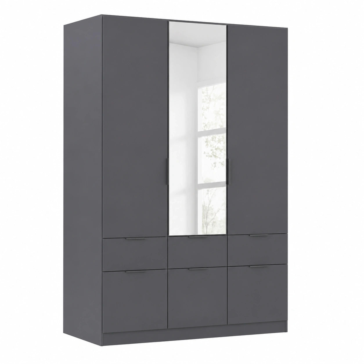 Rauch Möbel Dundee 3-türiger Kleiderschrank mit Spiegel und 6 Schubladen in Grau Metallic und Schwarz, 136x197x54cm