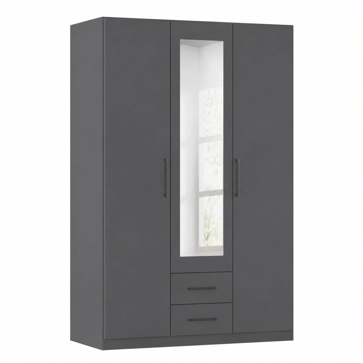 Rauch Möbel Belfast Drehtürenschrank mit Spiegel, 3-türig, Grau Metallic und Schwarz, 2 Schubladen, 136x197x54cm