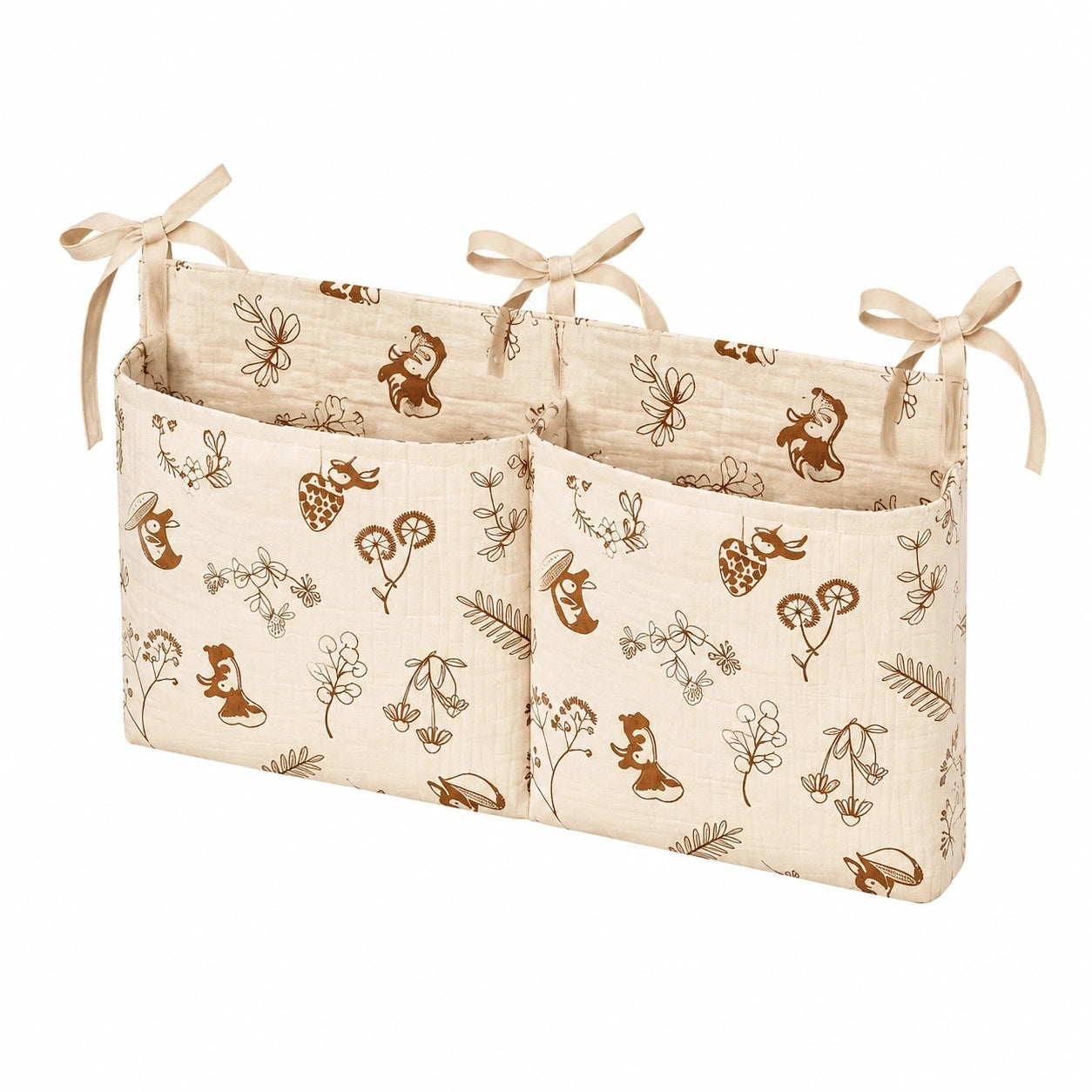 Babybett Organizer Hängend, Vielseitige Aufbewahrung mit 2 Taschen, Ideal für Windeln, Kleidung, Spielzeug – Beige Eichhörnchenmuster