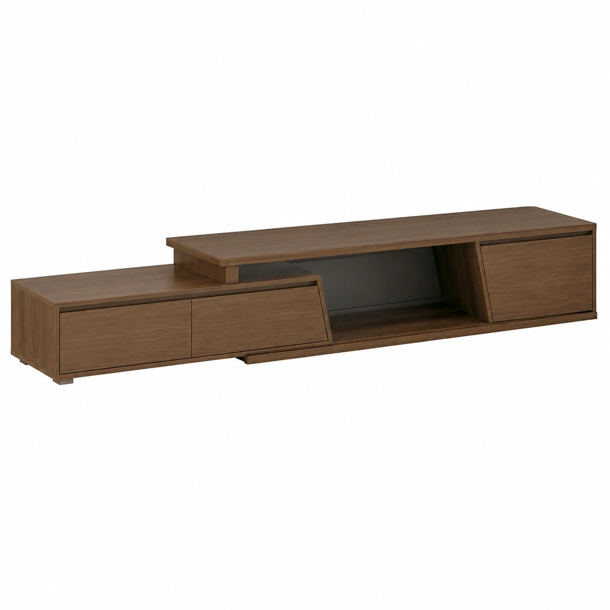 Moderner Walnuss-Fernsehtisch mit ausziehbarem Lowboard und Drei Schubladen, 180-280 cm