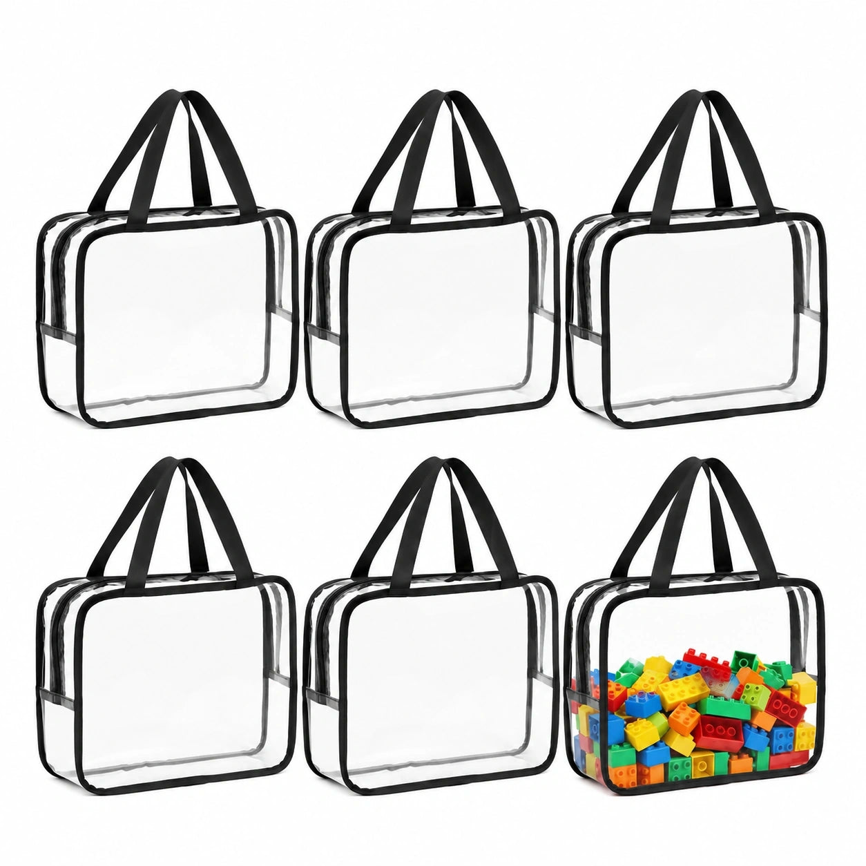 QWORK® 6er Set Aufbewahrungstaschen - Transparent, 30x10x22 cm, mit Griff & Reißverschluss für Spielzeug, Bausteine, Kosmetik, Bastelmaterial