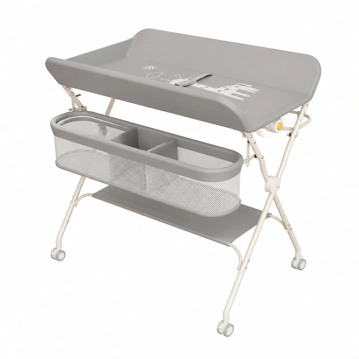 Höhenverstellbarer Wickeltisch mit Rollen und Seitentasche, praktischer Organizer für Babyzimmer, 75-91 cm, Grau