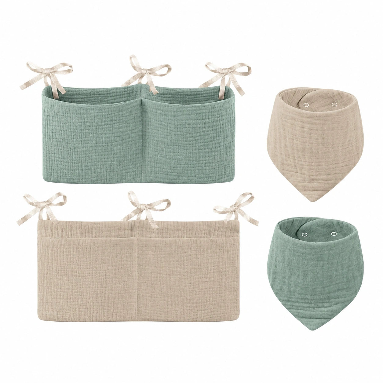 2-in-1 Babybett-Organizer & Musselin-Lätzchen Set, Verstellbare Aufbewahrungstasche für Jungen und Mädchen