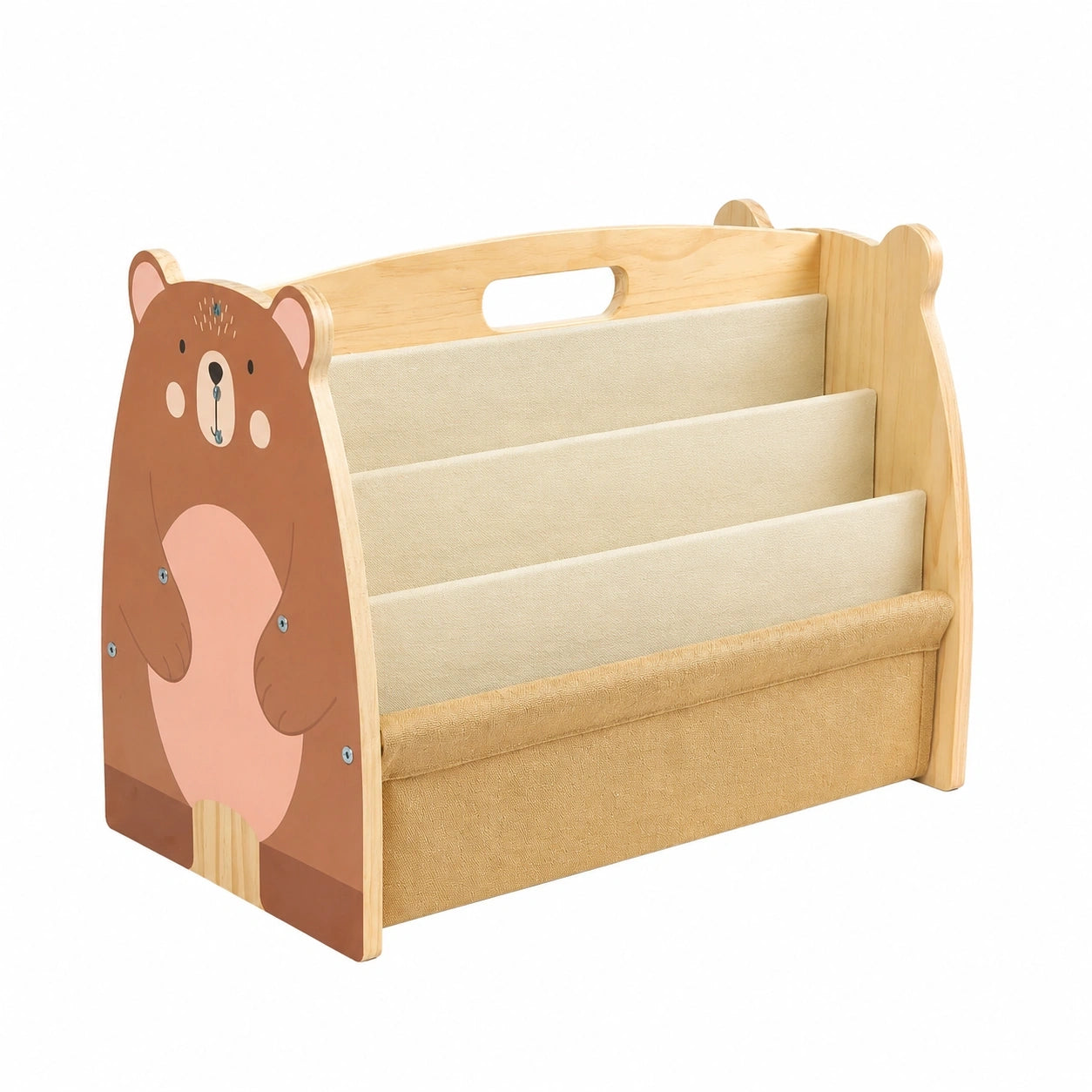 Doppelseitiges Holz-Bücherregal für Kinder, Montessori-Stil, mit Canvas-Taschen und Griff, ideal für Kinderzimmer und Spielzimmer