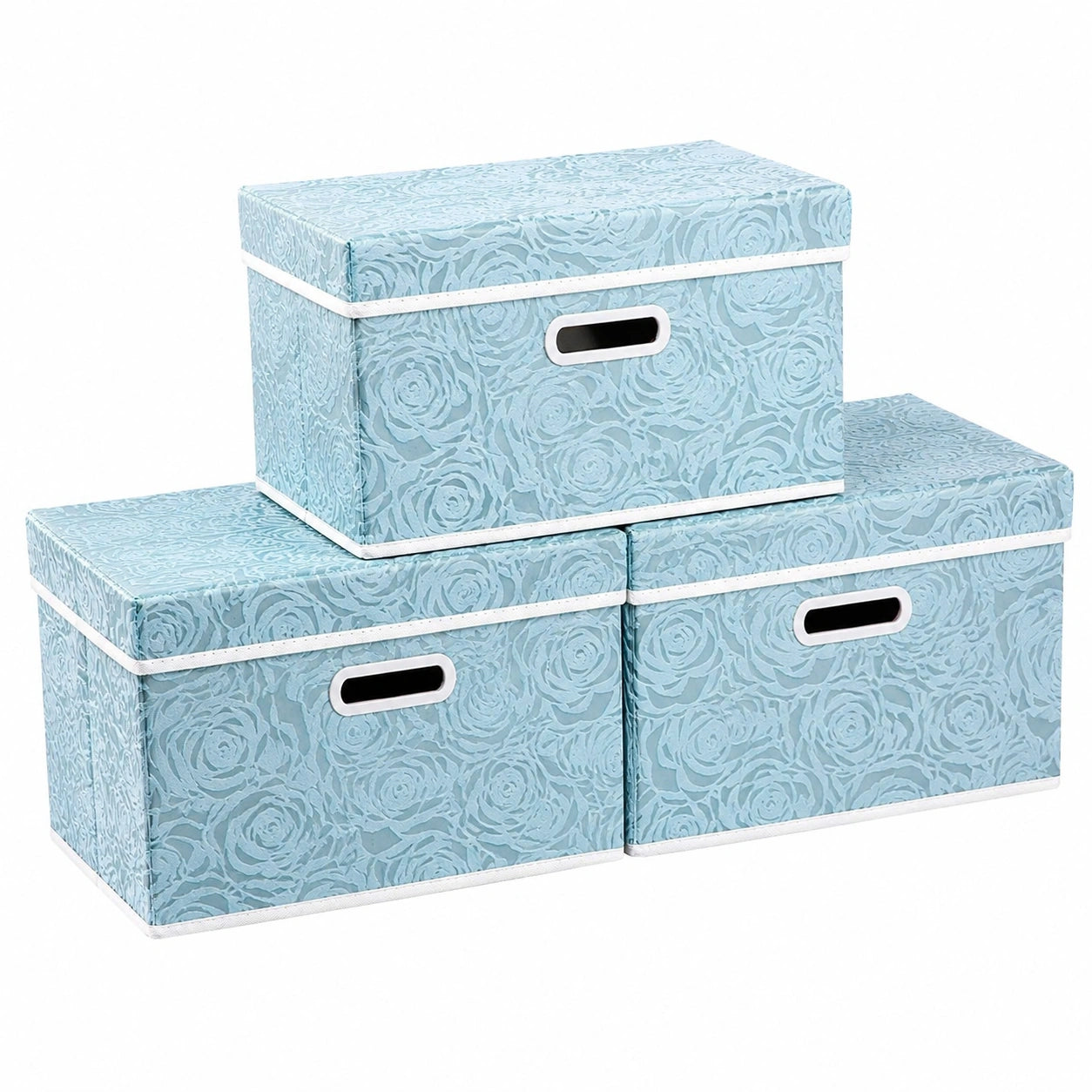 PRANDOM Faltbare Aufbewahrungsboxen mit Deckel, Rosenmuster, Blau, 3er Set, 38x25x25cm, ideal für Schlafzimmer und Schrank
