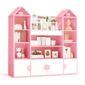 Kinder-Bücherregal aus Holz mit Burgenmotiv, 4 Türen und 10 Fächern, Rosa, 123,5x33x127cm