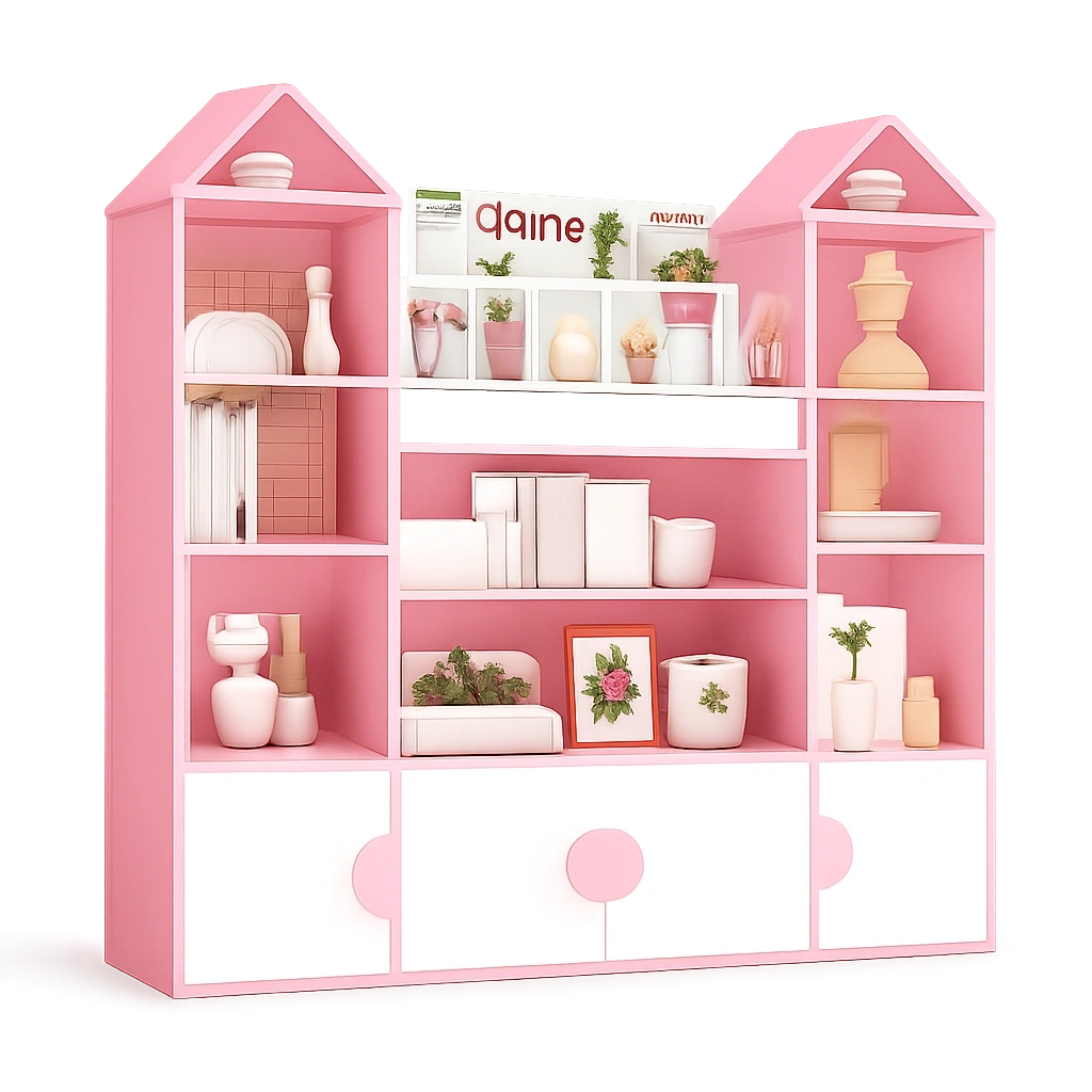Kinder-Bücherregal aus Holz mit Burgenmotiv, 4 Türen und 10 Fächern, Rosa, 123,5x33x127cm