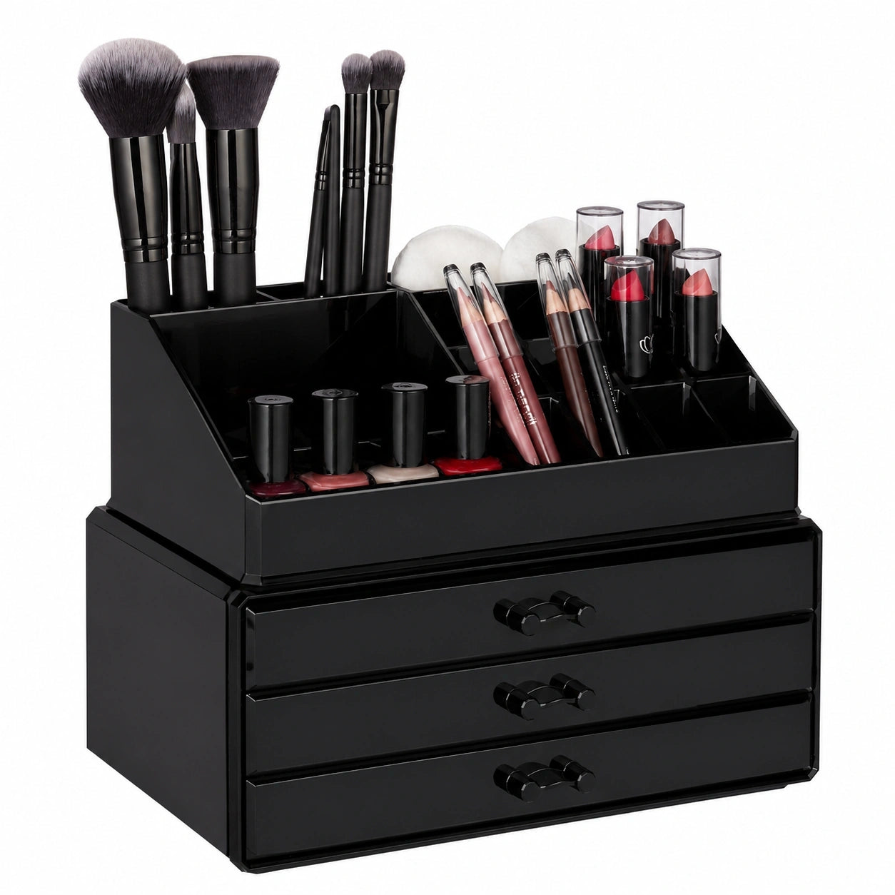 Kompakter Schminkorganizer mit Schubladen, stapelbar, schwarz